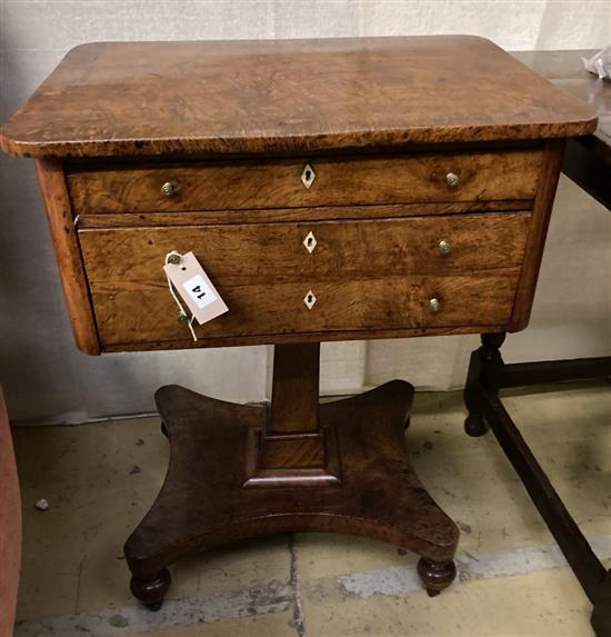 An early 19th century pollard oak work table, width 56cm, depth 40cm, height 74cm